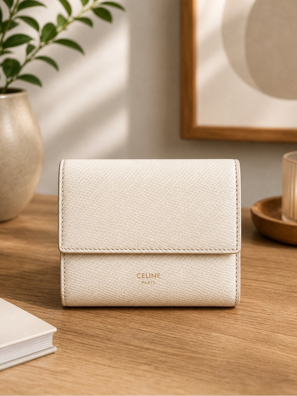 Celine Cream Textured Leather Tri-Fold Wallet with Gold Logo